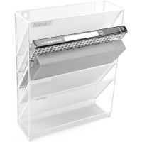 Wall Mounted Mesh Metal Office Document File Folder Magazine Holder Rack Hanging Filing System with Bottom Storage Shelf with 5 Slanted Slots - White